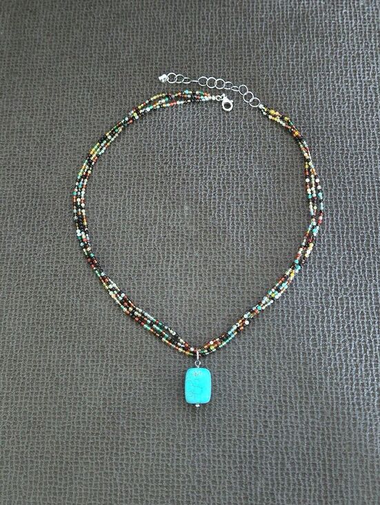 unknown maker Jewelry - Triple3️⃣ Strand Glass🪟 Bead Necklace with Turquouise🩵 Pendant